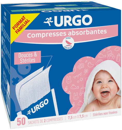 Image Urgo - Compresses stériles  Famille & Nourrisson - Non tissées  - 50 sachets de 2 compresses de 7,5 x 7,5 cm